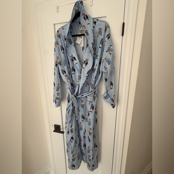 Polo Ralph Lauren Polo Bear Robe BNWT L/XL Luxury Blue Stripe Iconic Print - Picture 2 of 10